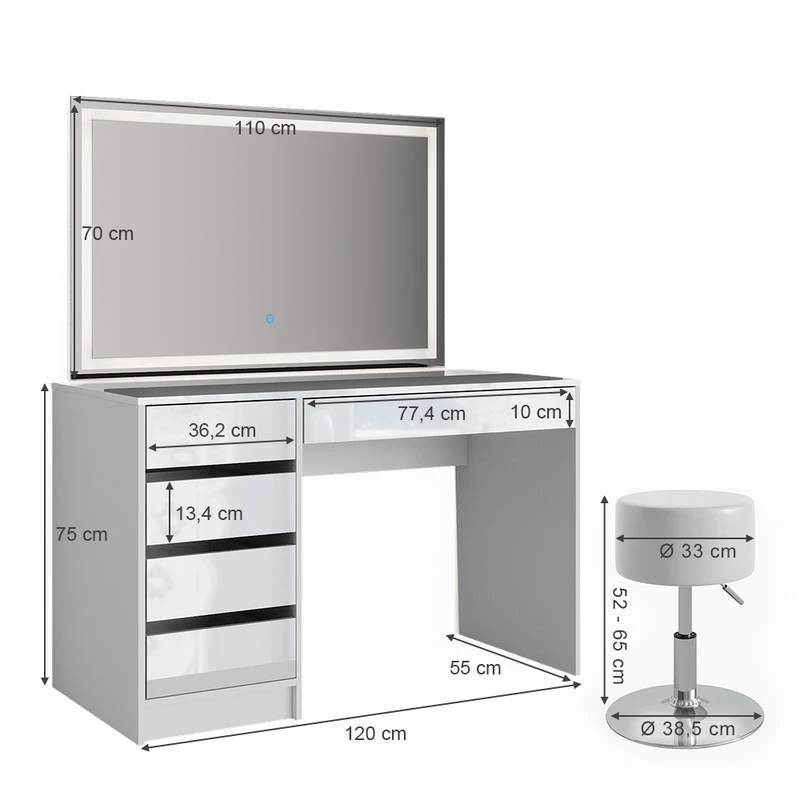 Coiffeuse Sherry, Miroir LED Et Tabouret 3 Coiffeuse Sherry, Miroir LED Et Tabouret – Image 3